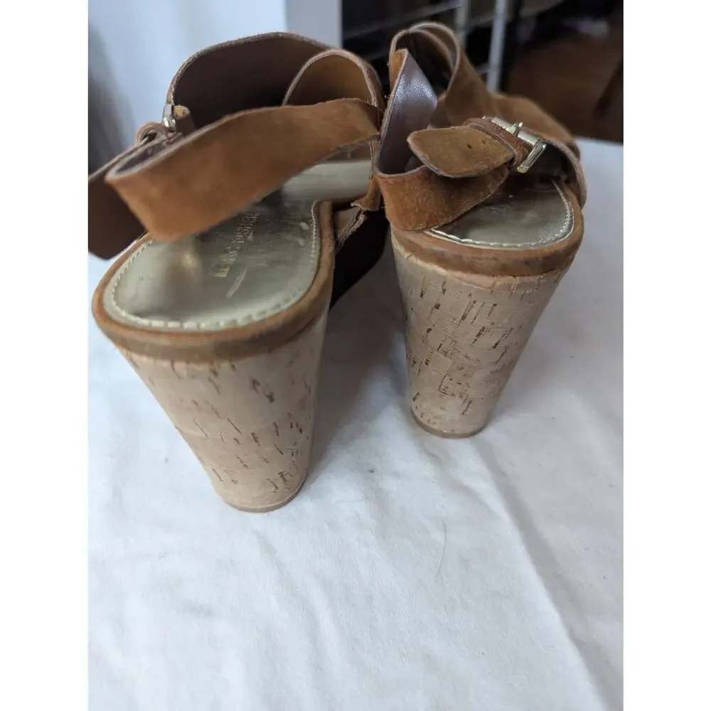 Marc Fisher Brown Suede Cork Wedge‎ Sandals Women's Size 8 Open Toe Ankle Strap